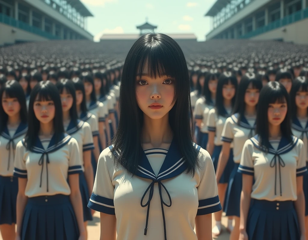 (Japanese Clone-girls=Myself), (Super Best masterpiece Clone-girls Raw Photography Art), (16K, Highest quality, Ultra-high resolution, RAW Photos), (It's so unrealistic., With unparalleled depiction, With an unfathomable sight, An unprecedented and shocking worldview, Clone-girls: In a world of mass reproduction, Ultra-realistic), (Japanese Girls, , Small face, Thick black hair, long hair, Dark Eyes, Mature face, かわいいsmile, Smiling face, A gentle gaze, Very pleasant look), (Very beautiful detailed girls, Accurate body structure, Accurate body movements, Very detailed body, (Super big breasts, Large bulge of ample breasts)), (Schoolgirl uniform, Short sleeve, mini skirt, Emphasise the fullness of your breasts), (Very detailed, Myself cloning, Depiction of splitting oneself, 1Myself girl→1,000,000,000,000,000,000,000,000,000,000Myself cloning girls), (Myself's clone girls, With the same perfect appearance without any difference, to multiply in large numbers), (Myself's multiplying female body, In the same female body,With the same face, With the same hairstyle, In the same clothes, At the same height, 同じSuper big breastsで, The same indistinguishable female body, 1,000,000,000,000,000,000,000,000,000,000 people), (Myself girls only), Academy, academic level, Commemorative photo depiction, Tiered stage photography, smile, Front view