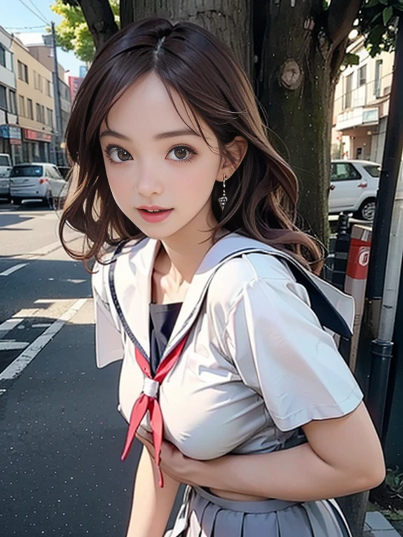 ((((Highest quality))))、(((Ultra-precision CG16K wallpaper)))、(((masterpiece)))、(((Super detailed)))、(((Extreme detail)))、((1Mature 2 woman:1.6))、((Very beautiful Japan face of a person))、((Urizane Face:1.8))、((medium soft wavy hair))、(Shiny Hair)、A delicately drawn beautiful face、(Dark Eyes、Reflected light from the eye)、double eyelid、High nose、Small nostrils、Small Mouth、Seductive lips、Beautiful breasts、((C cup size breasts))、Cleavage、A small vertical belly button、Delicate nails、Beautiful feet、Thin thighs、eight-headed body、Perfect proportions、Perfect Anatomy、Perfect composition、Beautiful detailed shading、Beautiful, natural lighting、Beautiful detail glow、Depth of written boundary、(((High chroma)))、(((Real:1.9)))、((vivid:1.5))、((Beautiful Skin))、((Skin Texture))、((Realistic skin feel))、(((Cowboy Shot:1.6)))、(((front view、shoot from front、front low angle:1.6)))、(((Half-open mouth、Surprised face:1.5)))、(((looking at camera:1.6)))、Bright daylight、Natural light、(((background_Uninhabited downtown、street tree:1.5)))、(Standing pose:1.6)、(((High school girl sailor suit&Light purple low rise pleated mini skirt:1.6)))、((necklace、Wearing earrings:1.5))、((Lace Stockings Clothed))、