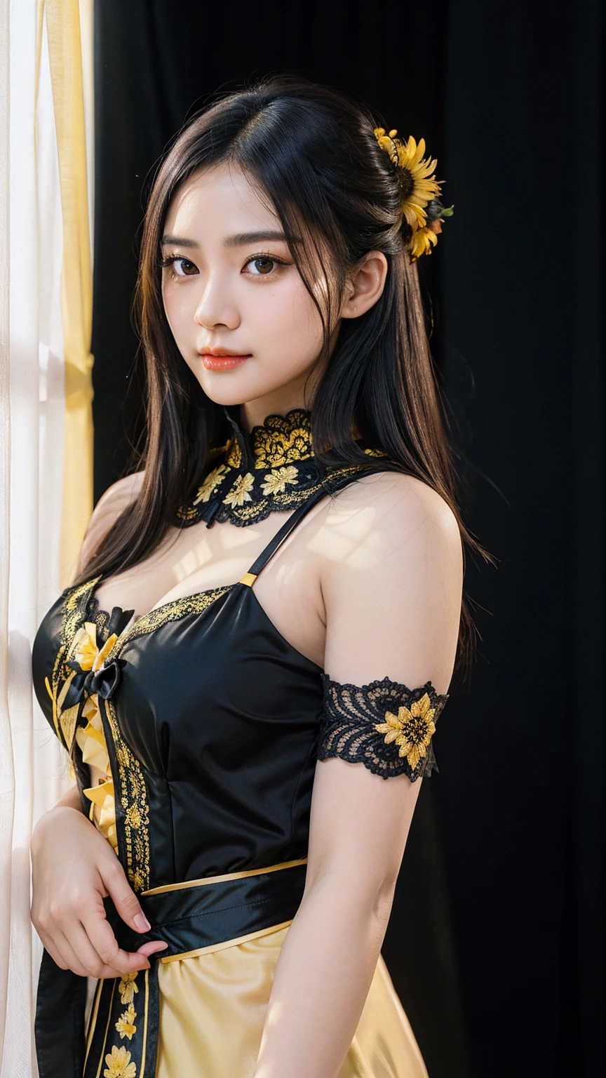 Gorgeus Girl, Full Body Portrait, Beautiful, Face Age 25 Years, White Skin, Large Colossal Breasts, Both Arms Open to The Side, (Black - Yellow Kebaya), Yellow Indonesian Kebaya, Brown Retina, Muscles, Bokeh, White curtains, Masterpiece, Portrait, Indonesian Bun Black Hair, Perfect Lighting, ((Black - Yellow Coloured)), Lace Cloak, 8K, UHD, HDR