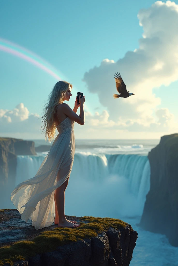 Teen girl on a cliff in Iceland, blonde long hair, blue eyes, big breasts, glamorous body, taking pictures with an eagle, sheer long dress that shows her body, fluttering in the wind, real photo, full body, bare feet, blue sky with rainbow