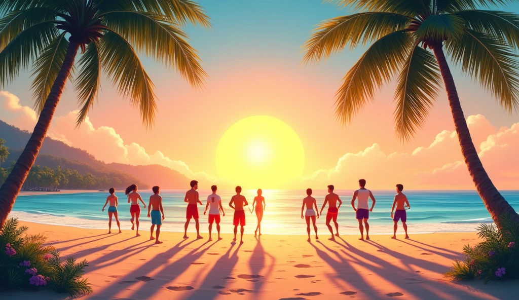 Create a horizontal background on the beach where you can see a sunrise at sea, palm trees and on the sand in the distance there is a group of men and women in sportswear doing different sports. It should be an animated image with clear and bright colors