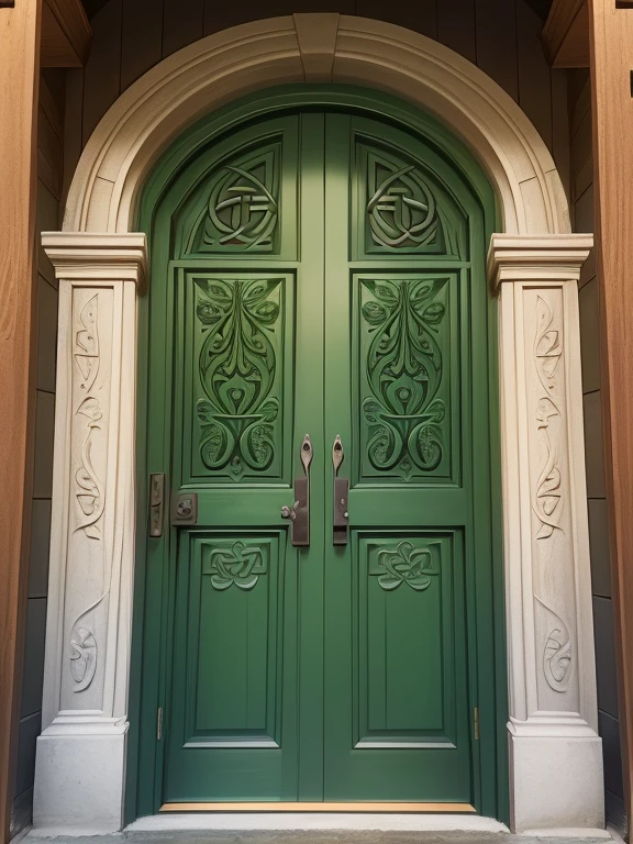 draw a Celtic-style door),(the door has relief carvings),(the door is green),(the door has metal details),(the door is seen from the front),(the door is seen in bright light),(the image is brightly colored), 
