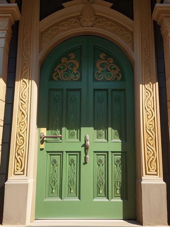 draw a Celtic-style door),(the door has relief carvings),(the door is green),(the door has metal details),(the door is seen from the front),(the door is seen in bright light),(the image is brightly colored),