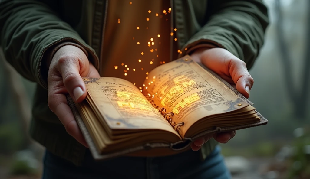 "Design an ultra-realistic, ultra-3D thumbnail focusing on a close-up of the character’s hands holding an old, weathered notebook. The notebook is glowing, with bright, holographic blueprints floating just above it, showcasing visionary ideas for rebuilding the campus. The background is blurred, showing hints of the abandoned university, with overgrown plants and crumbling walls, but the light from the notebook casts a warm glow across the scene. The character’s hands are slightly dirty, emphasizing the hard work ahead, but the light suggests hope and possibilities. The text 'RISE FROM THE ASHES' should be embossed on the notebook cover in glowing, 3D, gold letters, with particles of light drifting around it to draw attention."