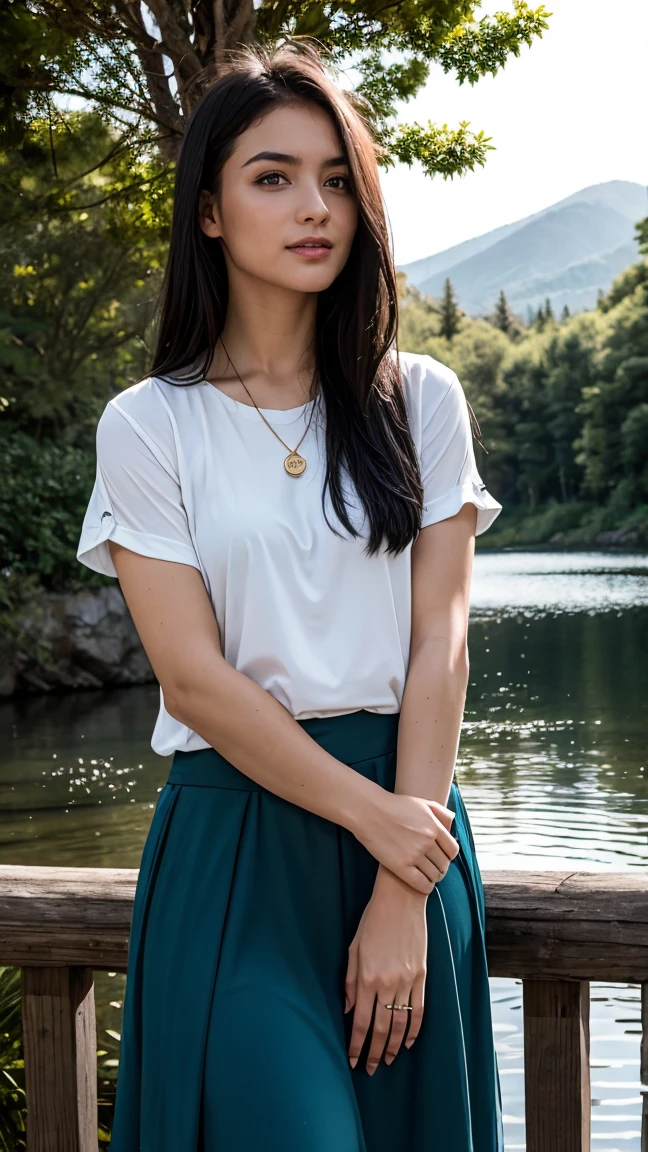 1 girl, happy expression, charming eyes, straight long hair, flowing skirt, big, looking at the sun, calm posture, porcelain-like skin, subtle blush, crystal pendant BREAK Golden Hour, (edge lighting): 1.2, cool colors, sun flare, soft shadows, bright colors, painting effects, fantastic atmosphere BREAK Scenic lakes, distant mountains, pine trees, mountain tops, reflections, sunlit clouds, tranquil atmosphere, idyllic sunrise, Ultra detailed, official art, unified 8k wallpapers, zentangle, mandala