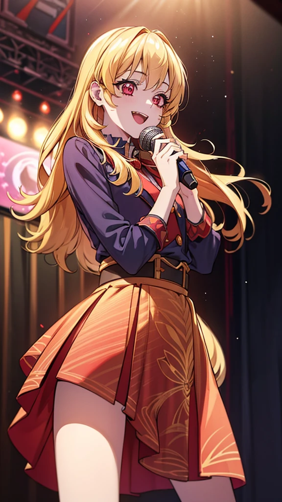 a beautiful idol girl with long golden hair, red eyes, and a red ribbon, standing on stage holding a microphone, making an open-mouthed smile and winking, extremely detailed eyes and face, extremely detailed fingers, best quality, 8k, highres, masterpiece, photorealistic, cinematic lighting, vibrant colors, dynamic pose