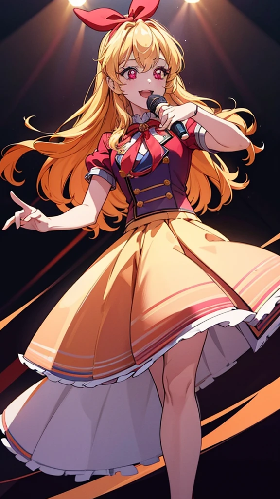 a beautiful idol girl with long golden hair, red eyes, and a red ribbon, standing on stage holding a microphone, making an open-mouthed smile and winking, extremely detailed eyes and face, extremely detailed fingers, best quality, 8k, highres, masterpiece, photorealistic, cinematic lighting, vibrant colors, dynamic pose