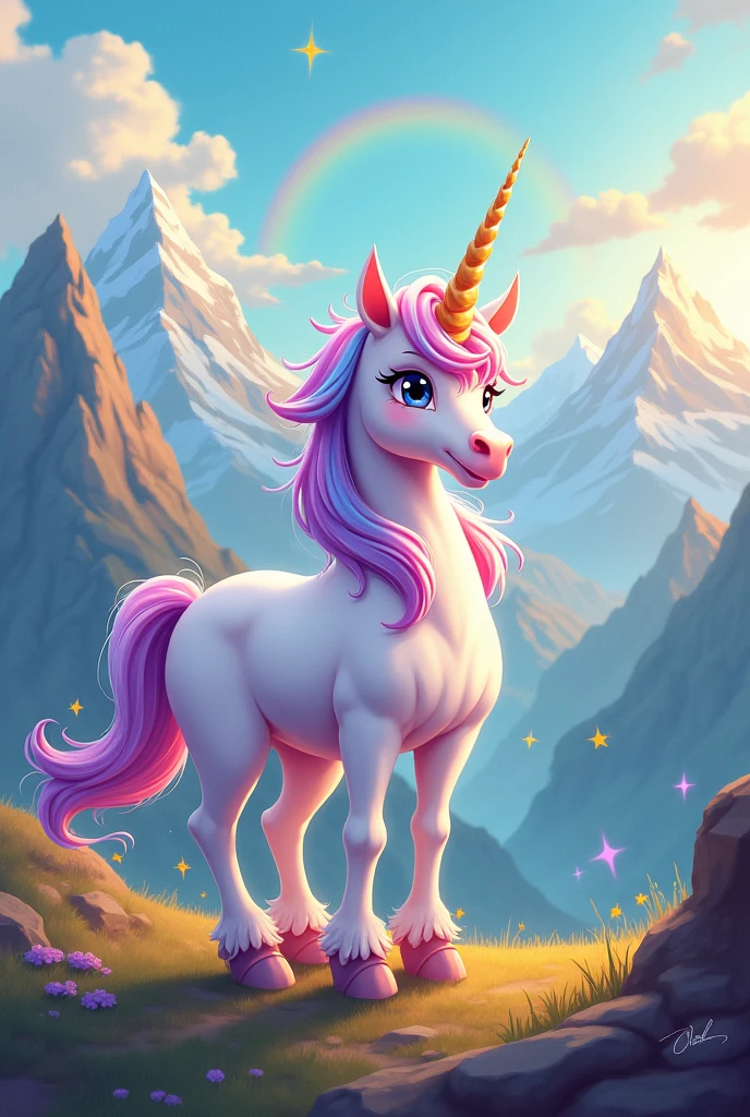 Unicorn in a mountainous landscape, with cartoon style art