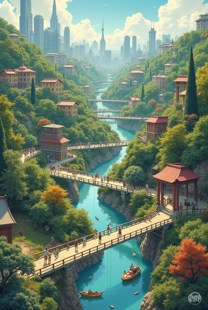 Drawing of the concept of the environment with people, animals, plants, vehicles, and architectures.