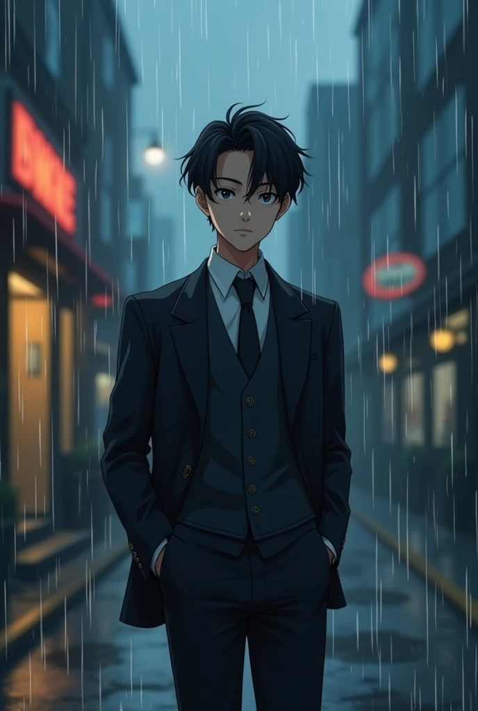 So created one gentleman hands inside the pant pocket with rain like a anime type and young boy looking upside more details , one guy, remove ???