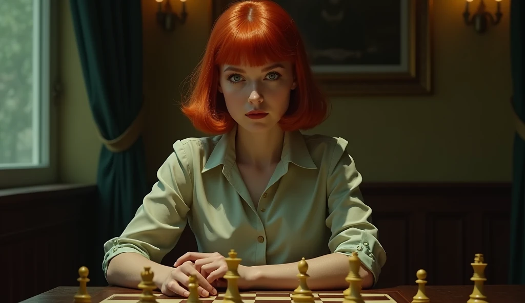 19yo,Create an image of a young woman resembling Beth Harmon from 'The Queen's Gambit.' She has red hair styled in a vintage bob haircut, pale skin, and green eyes. The woman is wearing a 1960s-inspired outfit, perhaps a collared dress or a stylish blouse and skirt, sitting at a chessboard with an intense, focused expression. The background could be a classic, dimly lit room or a chess tournament hall, with a few scattered chess pieces on the board in front of her. The overall atmosphere should reflect a blend of intelligence, determination, and a hint of vulnerability.