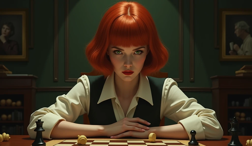 19yo,Create an image of a young woman resembling Beth Harmon from 'The Queen's Gambit.' She has red hair styled in a vintage bob haircut, pale skin, and green eyes. The woman is wearing a 1960s-inspired outfit, perhaps a collared dress or a stylish blouse and skirt, sitting at a chessboard with an intense, focused expression. The background could be a classic, dimly lit room or a chess tournament hall, with a few scattered chess pieces on the board in front of her. The overall atmosphere should reflect a blend of intelligence, determination, and a hint of vulnerability.