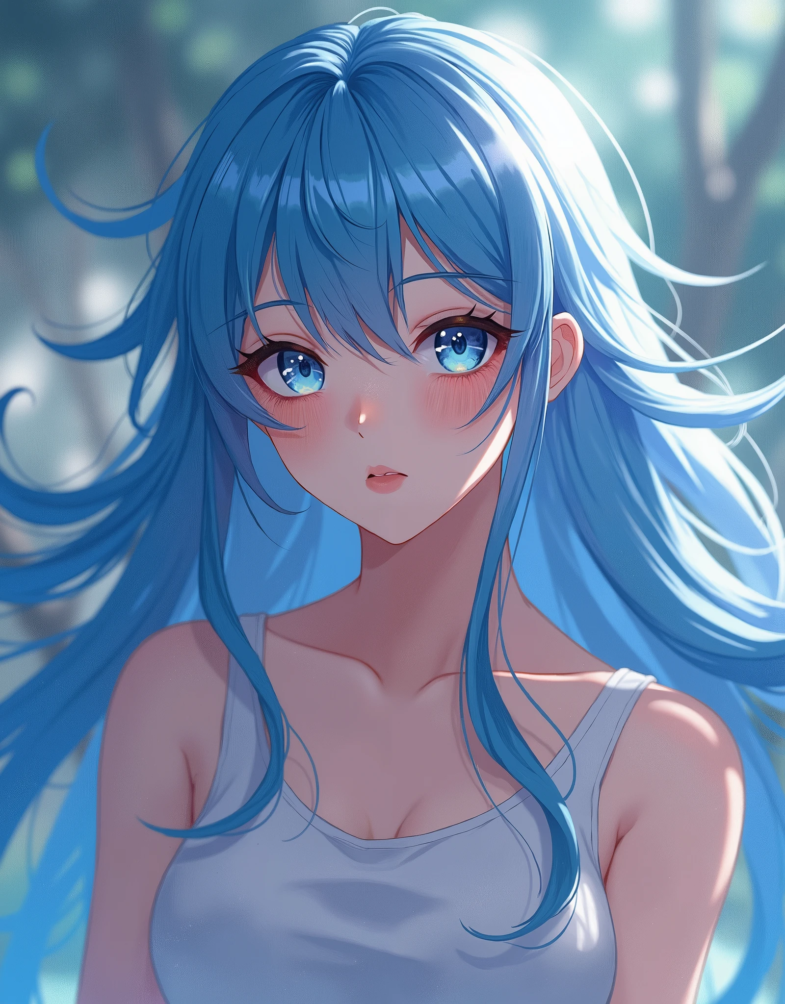 anime ,Wearing a tank top、Beautiful with long blue hair, Detailed face with large expressive eyes, Detailed lips, Long eyelashes, Sailor Moon, Magical girl, Fantasy, Soft lighting, Vibrant colors, Structure of the film, Digital Art, Very detailed, masterpiece, (Highest quality,4K,8k,High resolution,masterpiece:1.2),Very detailed,(Realistic,photoRealistic,photo-Realistic:1.37)