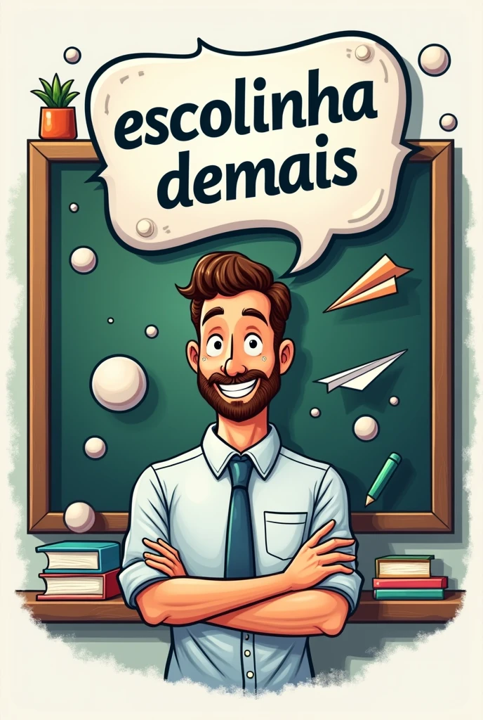 Logo with the name ESCOLINHA DEMAIS with a chalkboard, paper balls, paper airplanes and a male teacher of about 30 years old saying “And the salary oh” in a speech bubble in Portuguese being a funny image
