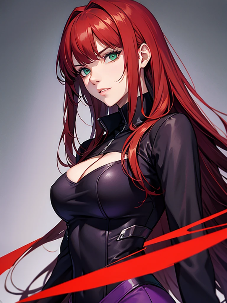 green eyes, red hair with long bangs, noble. sadistic women, wavy long hair. strong woman. purple outfit. she quiet. wear black jacket and dark purple t shirt. background in lab villain