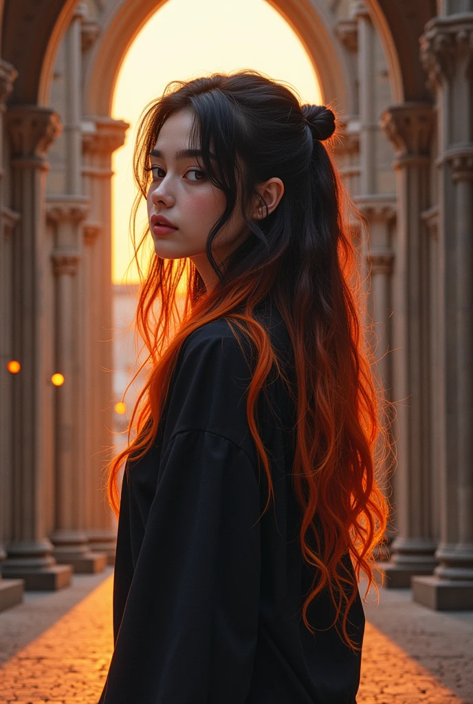Background Gothic_cathedral Monte do Gozo Santiago de Compostela, BREAK, 1 girl, back_side_view, long shot, perfect hands,and only 5fingers):1.33, Her name is ZENKA, college school student attending AMD Academy, 20yo, (detailed brown eyes, jet-black middle hair,colored inner orange ombre hair multicolored hair):1.33, little wavy, [tied tail_hair], (and her sharp-long eyes are brown,eyebrow):1.33, in tourist_backpak_style, Her image colors is RYZEN's image colors : orange, black, and white, repaint jet-black semi-long hair, (serious, playful, emphasis on facial expression):1.1, (ethereal lighting, ray tracing):1.3,