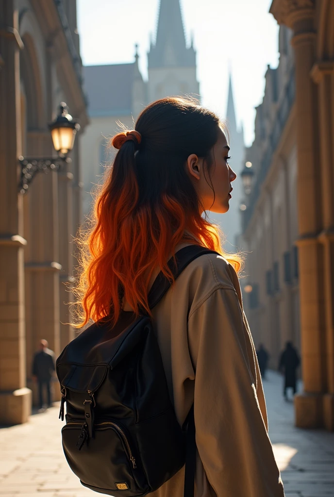 Background Gothic_cathedral Monte do Gozo Santiago de Compostela, BREAK, 1 girl, back_side_view, long shot, perfect hands,and only 5fingers):1.33, Her name is ZENKA, college school student attending AMD Academy, 20yo, (detailed brown eyes, jet-black middle hair,colored inner orange ombre hair multicolored hair):1.33, little wavy, [tied tail_hair], (and her sharp-long eyes are brown,eyebrow):1.33, in tourist_backpak_style, Her image colors is RYZEN's image colors : orange, black, and white, repaint jet-black semi-long hair, (serious, playful, emphasis on facial expression):1.1, (ethereal lighting, ray tracing):1.3,