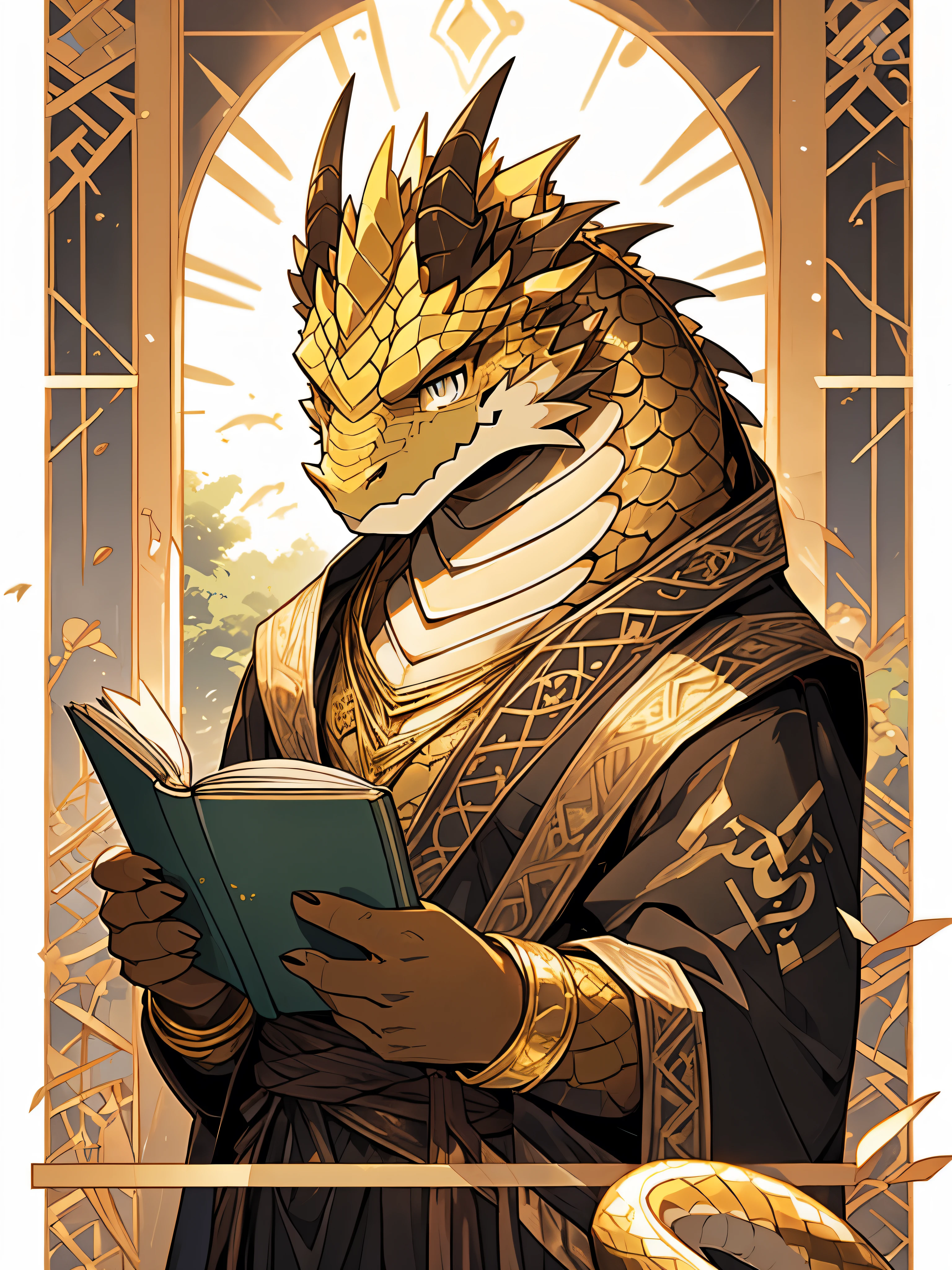 lizard, alone, Vertical pupil,Eye, (elongated), Slim, (Eye anthro snake:1.3), (The body has gold scales:1.4), white belly, (beast wild:1.4), scaly, Delicate Eye, snake tail, ((human portrait)), , (Delicate Eye, Golden Eye:1.1), he is a young prince, Reading a book, The art of math, masterpiece, anime style.