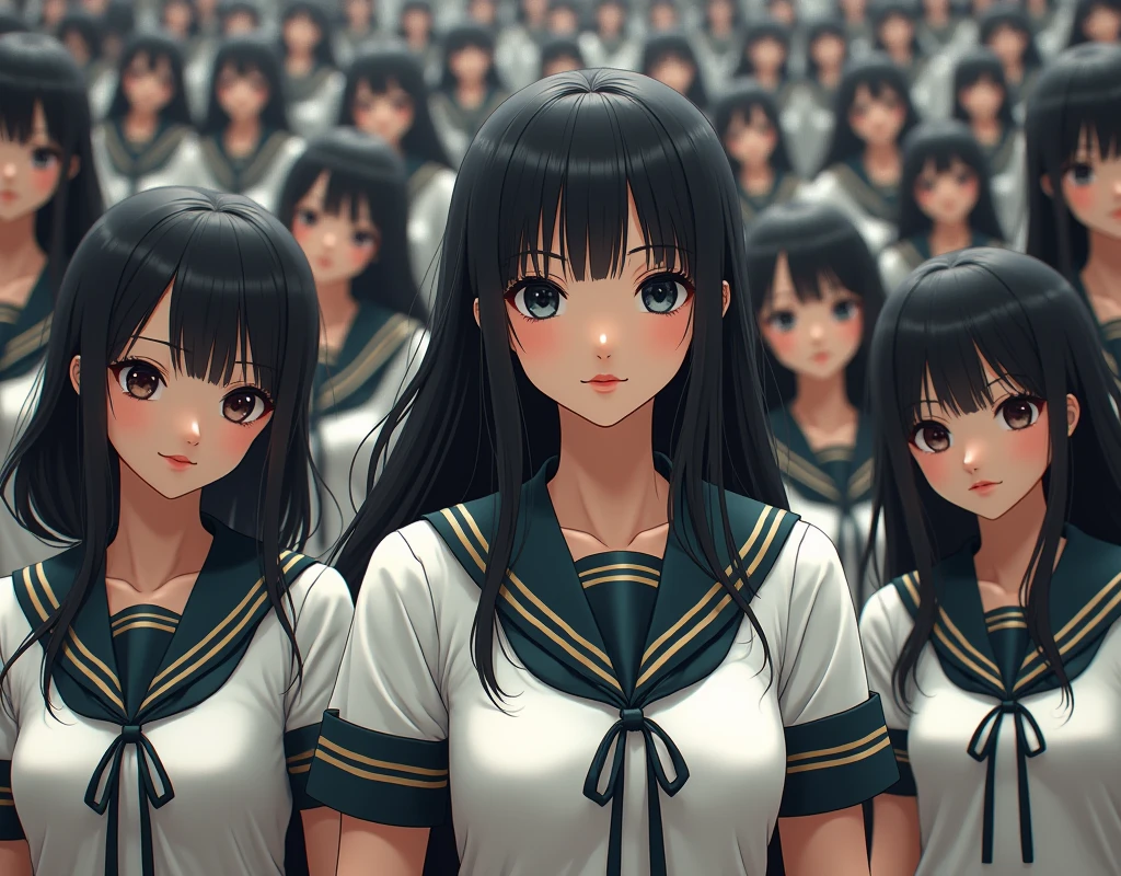 (Japanese Clone-girls=Myself), (Super Best masterpiece Clone-girls Raw Photography Art), (16K, Highest quality, Ultra-high resolution, RAW Photos), (It's so unrealistic., With unparalleled depiction, With an unfathomable sight, An unprecedented and shocking worldview, Clone-girls: In a world of mass reproduction, Ultra-realistic), (Japanese Girls, , Small face, Thick black hair, long hair, Dark Eyes, Mature face, かわいいsmile, Smiling face, A gentle gaze, Very pleasant look), (Very beautiful detailed girls, Accurate body structure, Accurate body movements, Very detailed body, (Super big breasts, Large bulge of ample breasts)), ((Schoolgirl uniform, Short sleeve, mini skirt, Emphasise the fullness of your breasts)), (Very detailed, Myself cloning, Depiction of splitting oneself, 1Myself girl→1,000,000,000,000,000,000,000,000,000,000Myself cloning girls), (Myself's clone girls, With the same perfect appearance without any difference, to multiply in large numbers), (Myself's multiplying female body, In the same female body,With the same face, With the same hairstyle, In the same clothes, At the same height, 同じSuper big breastsで, The same indistinguishable female body, 1,000,000,000,000,000,000,000,000,000,000 people), (Myself girls only), ((Academy, academic level, Commemorative photo depiction, Tiered stage photography, smile, Front view))