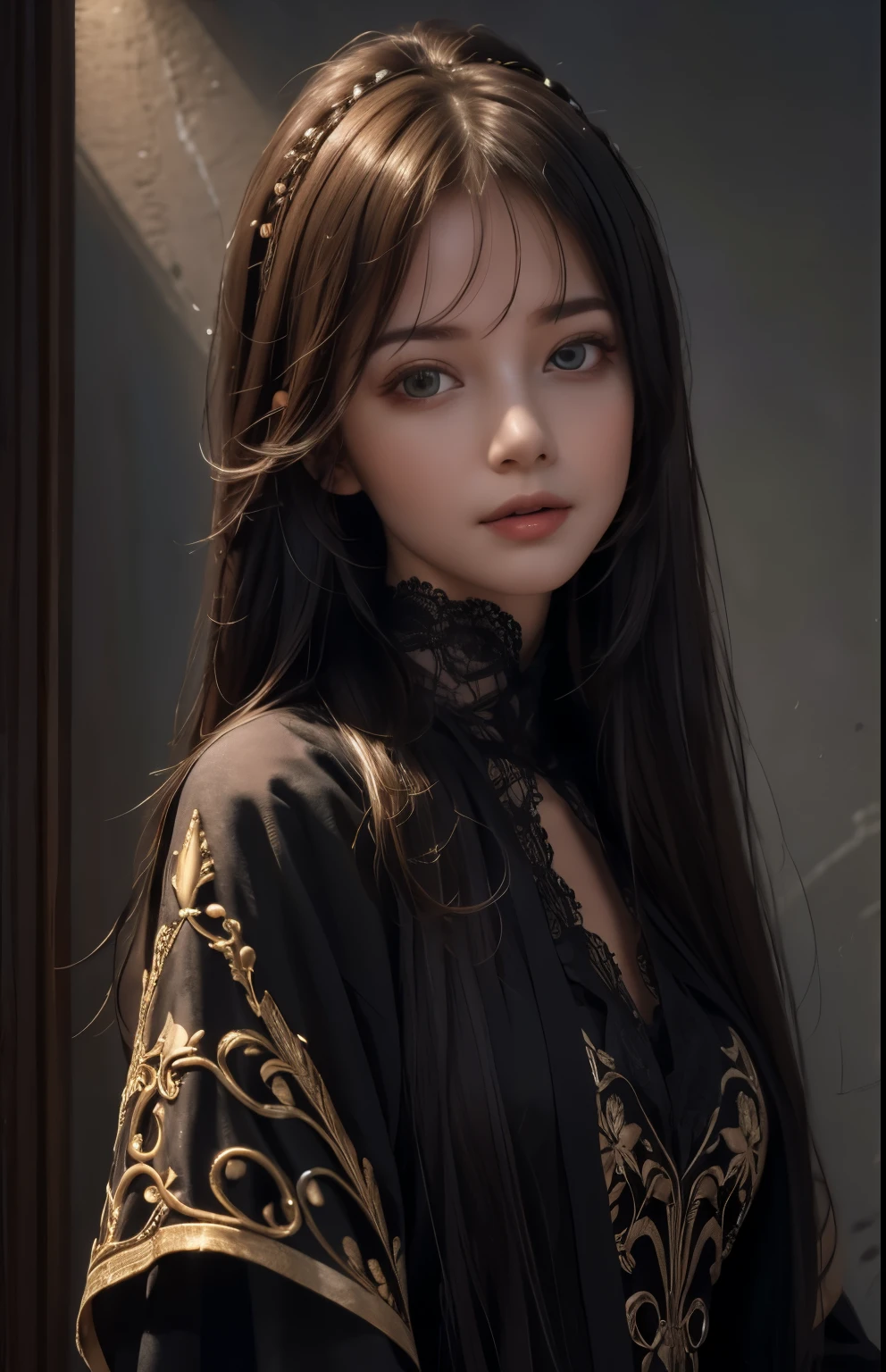 (extremely realistic), (illustration), (improved resolution), (8k), (very detailed), (Best illustration), (beautiful and delicate eyes), (best quality), (very detailed), (masterpiece ), ( wallpaper), (detailed face), alone, 1 girl, looking at viewer, fine details, detailed face, in the dark, deep shadows, low key, pure face_v1, smiling, long hair, black shawl straight hair , 46 point diagonal bangs