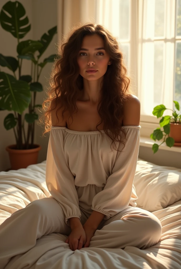 (photorealism:1.2), beautiful woman, sitting on bed, wearing loose off-shoulder top, pajama pants, long curly hair, indoors, soft lighting, plants in background, window with sunlight, cozy room, relaxed pose, realistic, intricate details, warm colors, by Greg Rutkowski, by Alphonse Mucha