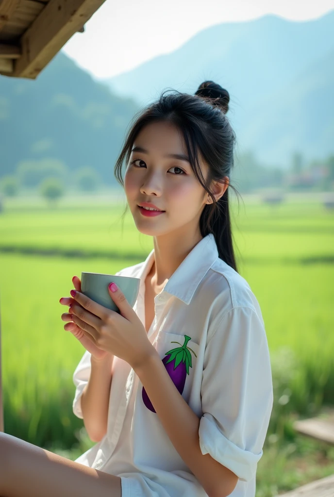 Beautiful Korean Girl, smooth clean white skin, well-groomed face,black hair tied up,white short shirt with eggplant motif .White shirt,pose looking at the camera, sitting on the terrace of the rice field hut, holding hot coffee,with a view of fertile rice fields, there is a buffalo, chicken duck, on the rice field embankment, very beautiful exotic countryside ,clear blue sky, fertile rice fields,Background, the mountains