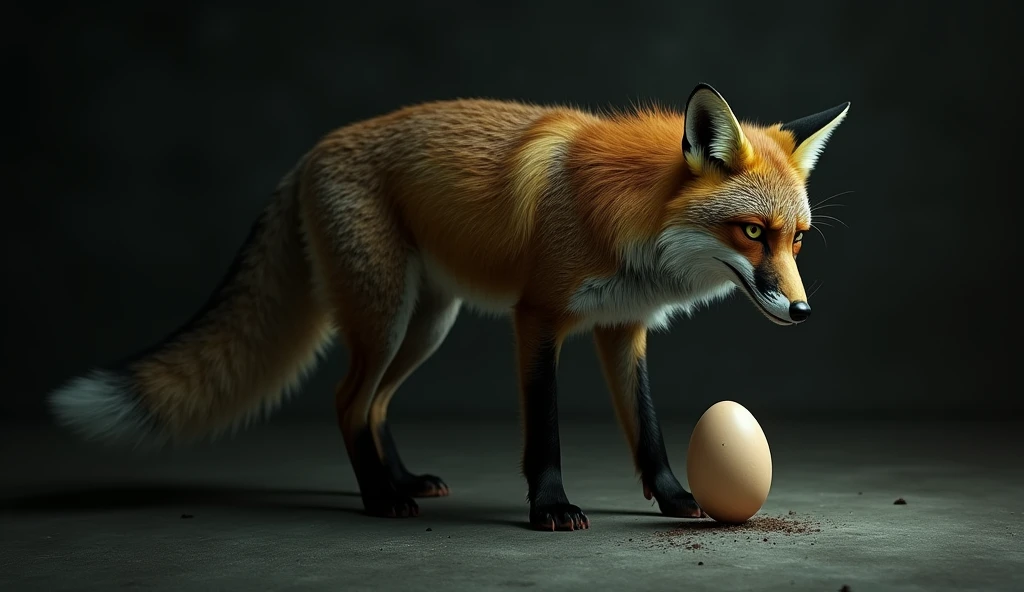 There is a shadow、Horror、Photorealistic、Ultra HD、A chicken egg is stuck to the fox's body、The fox has a sad look、Side view