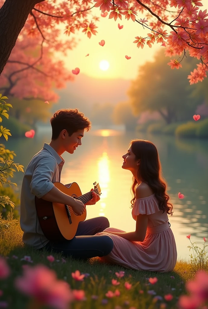 A male playing a guiter for his girlfriend realistic front a beautiful river and perfact nature view and right and left trees color ping falling pink leaf and sunrise flaying brats