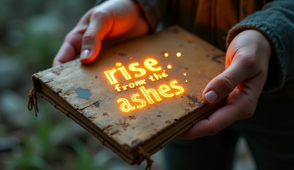 "Design an ultra-realistic, ultra-3D thumbnail focusing on a close-up of the character’s hands holding an old, weathered notebook. The notebook is glowing, with bright, holographic blueprints floating just above it, showcasing visionary ideas for rebuilding the campus. The background is blurred, showing hints of the abandoned university, with overgrown plants and crumbling walls, but the light from the notebook casts a warm glow across the scene. The character’s hands are slightly dirty, emphasizing the hard work ahead, but the light suggests hope and possibilities. The text 'RISE FROM THE ASHES' should be embossed on the notebook cover in glowing, 3D, gold letters, with particles of light drifting around it to draw attention."