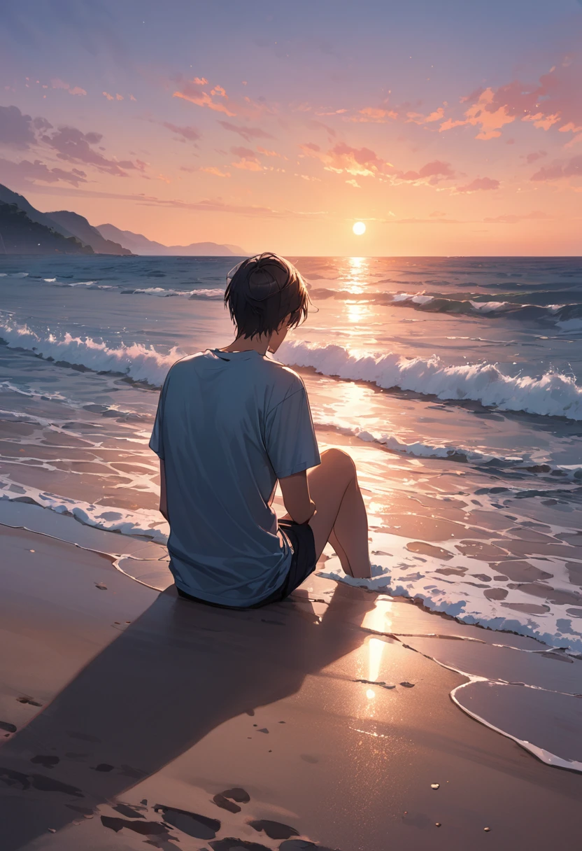 (masterpiece, best quality,ultra highres),Back view of a man sitting on a sandy beach at sunset and looking out at the sea,t-shirt,Blank Space,Sadness atmosphere,(The illusion of a memorable girl),Magnificent View,