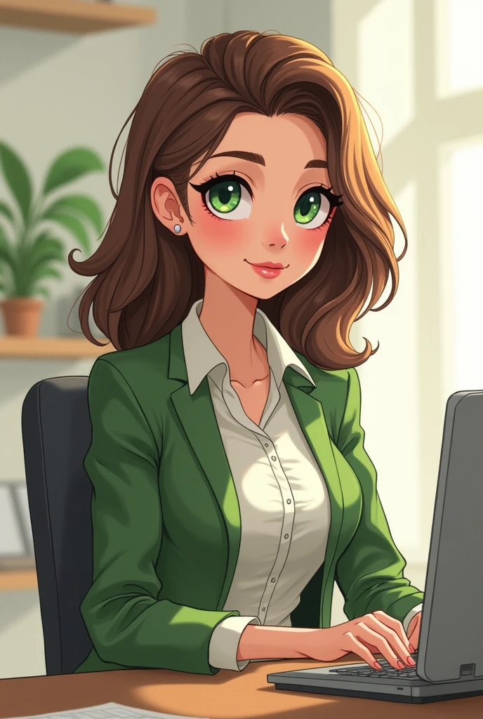 art mignon, art simple , femme, yeux vert, cheveux brun très court, tenu professionnel, un ordinateur sur un bureau, dessin