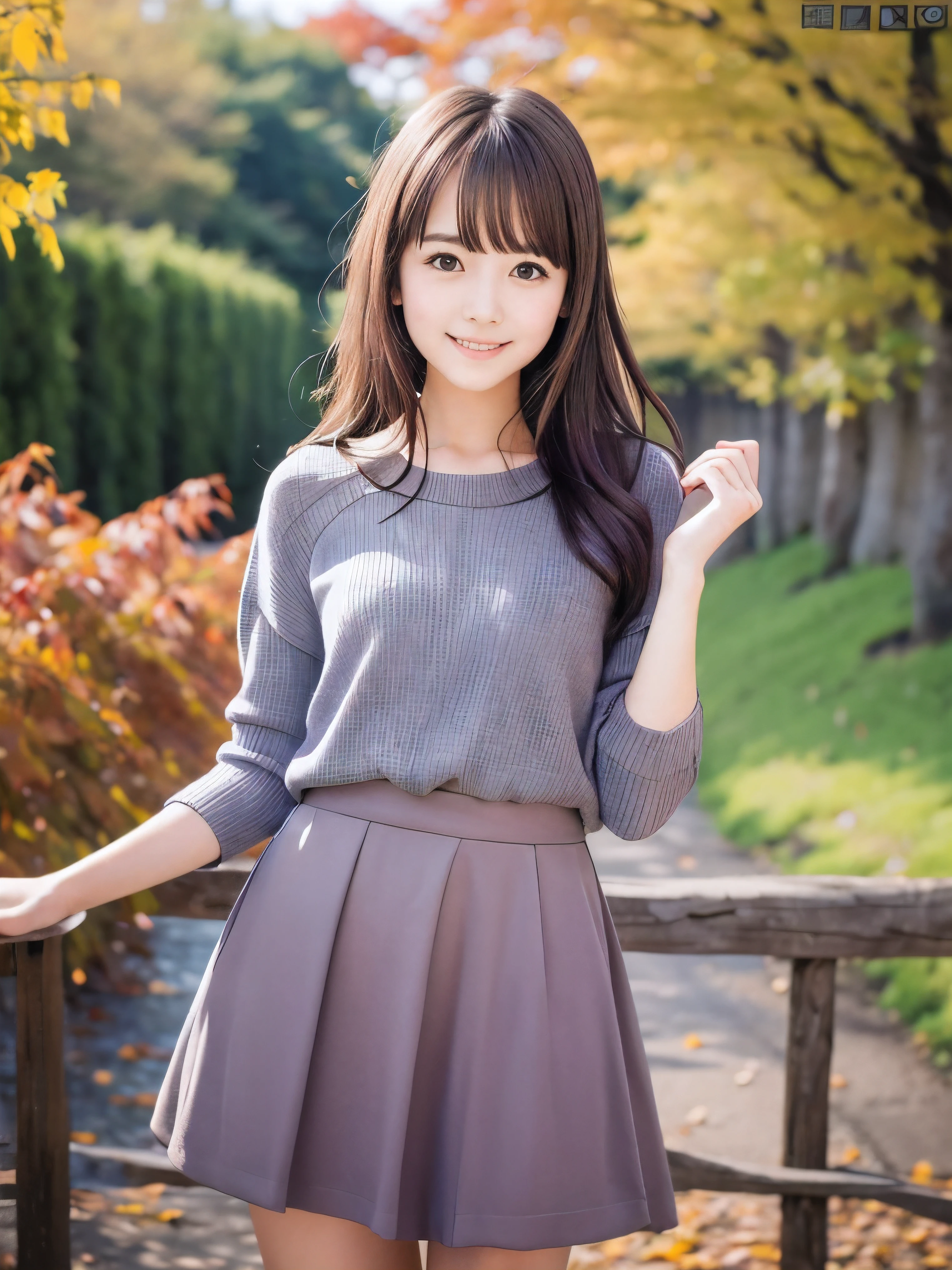 (Close up face shot of one slender small breasts red brown wavy long hair with dull bangs girl in a autumn fashion shirt and sweater and skirt:1.5)、(One girl is dancing with happy smile on the dart road near the lake and big waterfall in Japan:1.5)、(Beautiful autumn red leaves and mountain view:1.5)、(Natural light:1.5)、(8k ultra detailed master piece:1.5)、(perfect anatomy:1.5)、(Photorealistic stick:1.5)、(Raw photo:1.3)、(highest quality:1.5)、(High resolution:1.3)、(Delicate and beautiful perfect face:1.3)、(Delicate and beautiful eye air skin:1.3)、(Real Human Skin:1.3)、((thin legs))