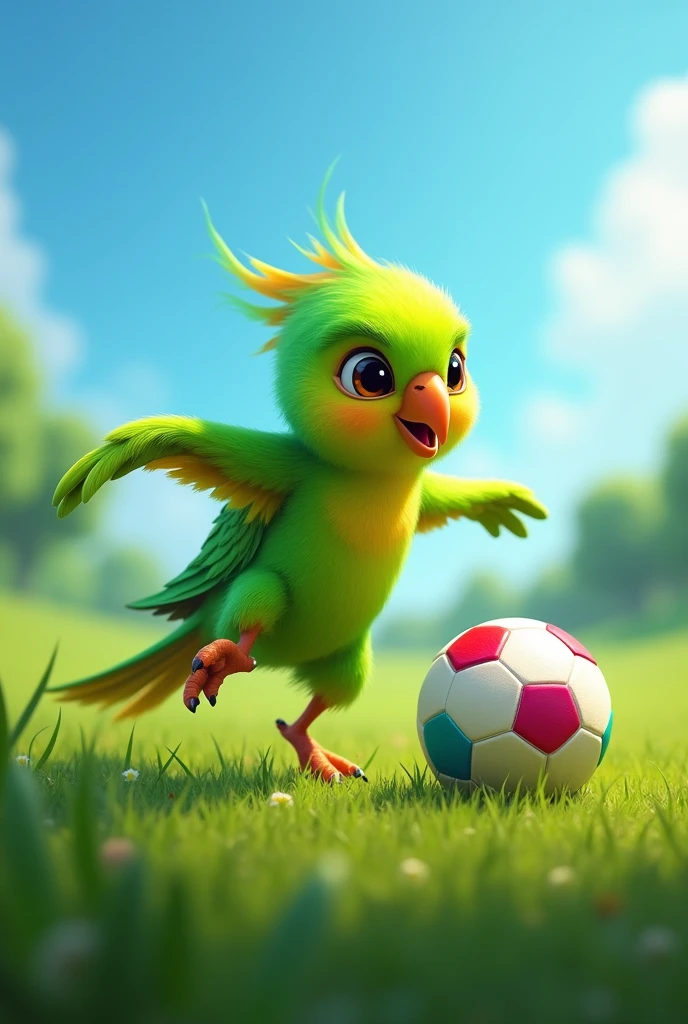 A teenage green parrot playing soccer