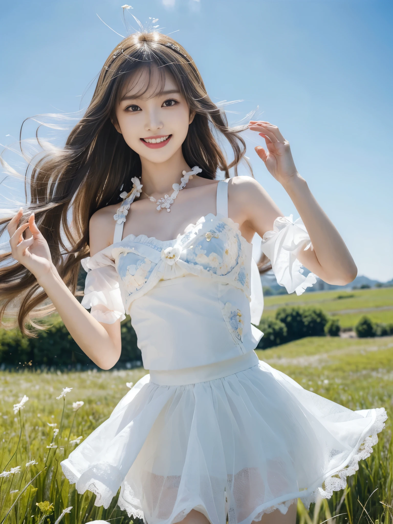 Japanese female, (underweight), (medium bust best quality:1.5), 2, (cheerful grin:1.3),
Tulle lace white skirt Flowers and grass meadow, wide-angle, ((hands up)), lowing long hair, bright color Clothes, blue sky, (wind:1.5),