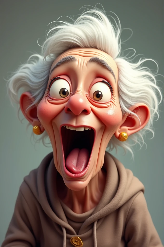 Granny making face with eyes rolled up and tounge out , looking up at the camera and drooling