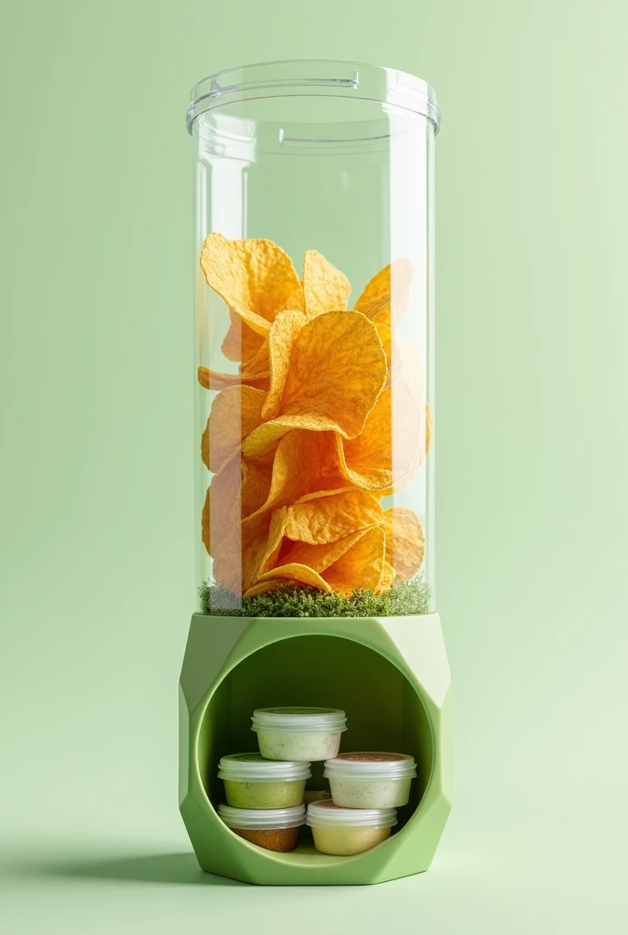 An innovative packaging, resealable and hexagonal shaped, Designed to maintain the freshness and crunchiness of chips. The tube, Made of translucent material with touches of green, evokes a healthy and natural style. The chips inside are rich in protein, low carb, Sin Gluten, and suitable for ketogenic diets. At the bottom of the tube, A separate compartment stores sauces made from natural ingredients, without artificial preservatives. These sauces come in a variety of flavors., including guacamole, hummus, and yogurt sauce with herbs and cheese, Each one presented in small individual containers and hermetically sealed to preserve its freshness..