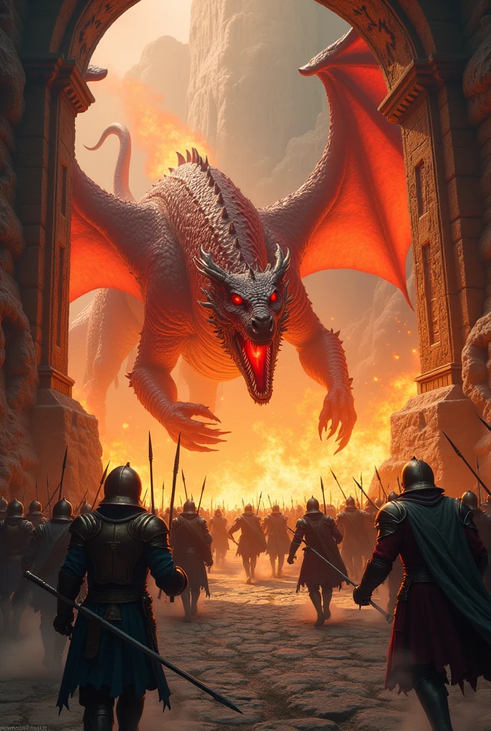 a medieval army of soldiers running from a massive fire-breathing dragon, in front of an ancient treasure cave, using its claws, tail, and magical powers, highly detailed, cinematic lighting, dramatic composition, fantasy art, concept art, digital painting, hyper realistic, 8k, masterpiece