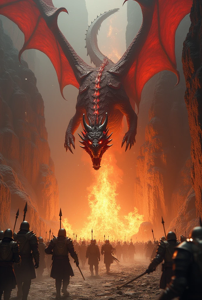 a medieval army of soldiers running from a massive fire-breathing dragon, in front of an ancient treasure cave, using its claws, tail, and magical powers, highly detailed, cinematic lighting, dramatic composition, fantasy art, concept art, digital painting, hyper realistic, 8k, masterpiece