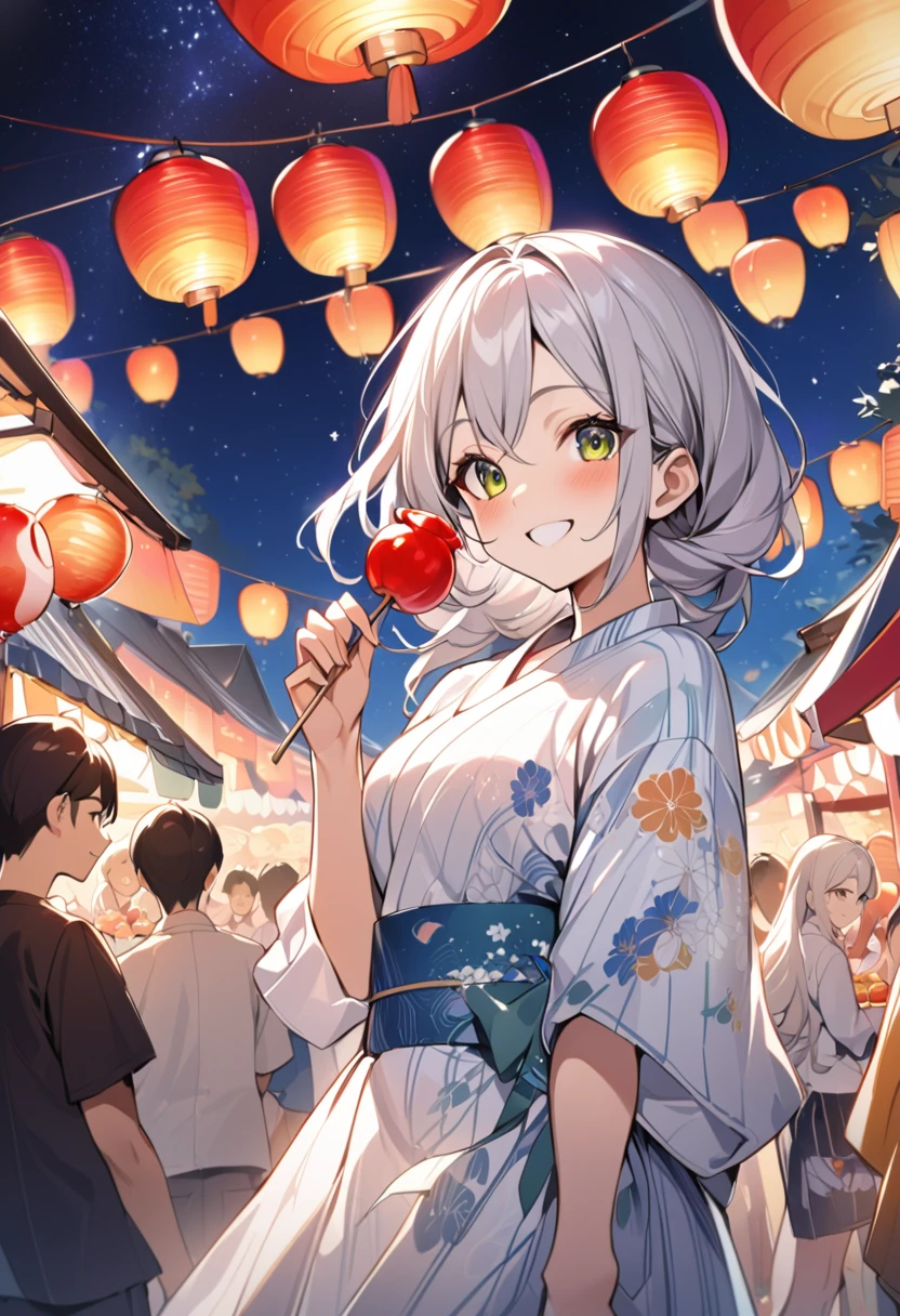 masterpiece, ultra-high-quality illustration, 16k resolution, intricate and delicate details, Japanese anime style, Alya Kujou, Alisa Mikhailovna Kujo, vibrant summer festival, colorful food stalls, glowing paper lanterns, crowded with cheerful festival-goers, starry night sky, no clouds, bright stars, clear weather, eating candy apple, delighted smile, large expressive eyes, detailed facial features, soft and flawless fair skin, and slim figure, silver hair, silky and fine hair strands, traditional summer yukata, elegant design, natural beauty, no accessories, charming and warm smile, captivating gaze, graceful and poised, artistic composition, emotionally resonant