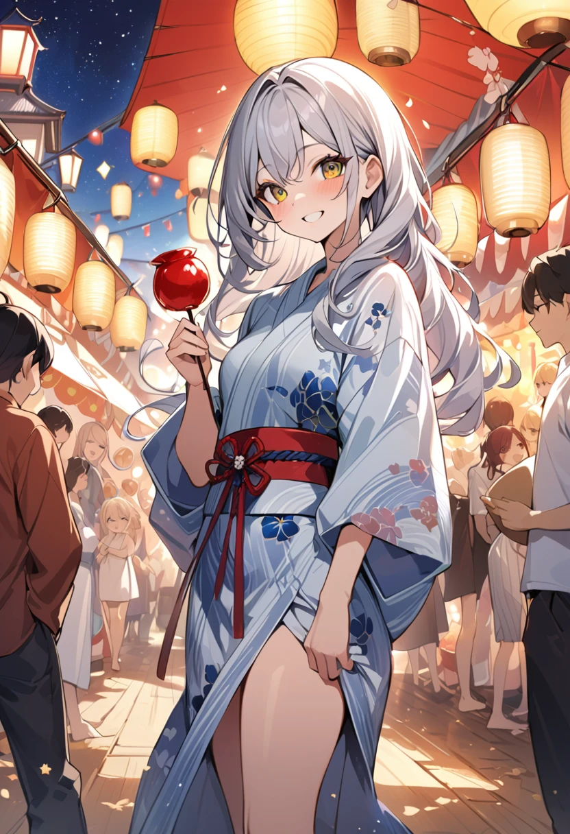 masterpiece, ultra-high-quality illustration, 16k resolution, intricate and delicate details, Japanese anime style, Alya Kujou, Alisa Mikhailovna Kujo, vibrant summer festival, colorful food stalls, glowing paper lanterns, crowded with cheerful festival-goers, starry night sky, no clouds, bright stars, clear weather, eating candy apple, delighted smile, large expressive eyes, detailed facial features, soft and flawless fair skin, and slim figure, silver hair, silky and fine hair strands, traditional summer yukata, elegant design, natural beauty, no accessories, charming and warm smile, captivating gaze, graceful and poised, artistic composition, emotionally resonant