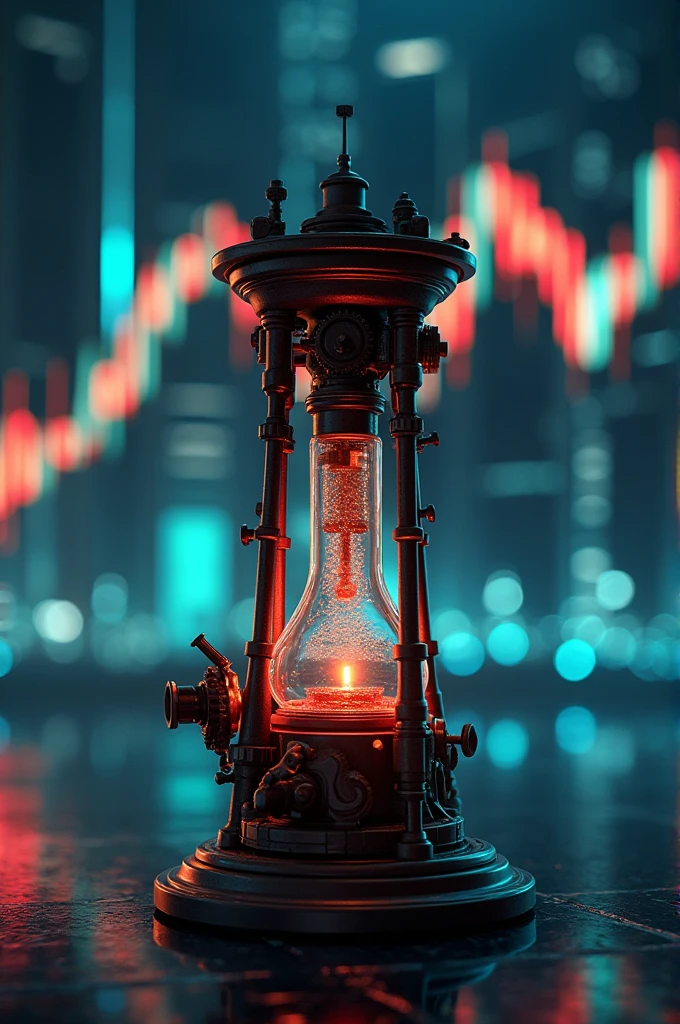 There is an image with a ciphon in the middle and a growing stock market graph in the background