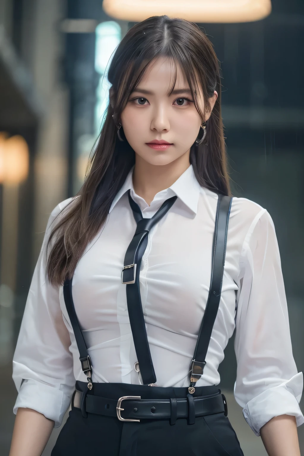 a woman in a suit, belt, hands behind back, sweating, suspenders, black pants, sexly, large breasts, see-through clothing, rain, detective, office worker, white button-up shirt, (best quality,4K,8k,highres,masterpiece:1.2),ultra-detailed,(realistic,photorealistic,photo-realistic:1.37),hyper-detailed,highly detailed face and body, Slender　thin　suspenders　Moderate breasts　See-through shirt　Nipples　holster　chain　Pistol　Armament　criminal　Female criminal　knife