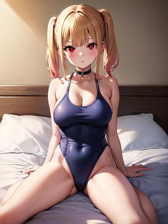 Shooting on the bed,Photograph the whole body,One girl、Marine Kitagawa, Masuzu Kitagawa Popochichi, Blonde Hair, Choker, Ear Piercing, 珰, short hair,Twin tails,Wearing piercings, (Red Eyes:1.5), Straight Hair, Swept bangs, Gradient Hair,Blonde to pink hair,Beautiful Skin,Big Breasts,Cleavage,School Swimsuit,Navy blue swimsuit,Swimsuit,Swimsuit