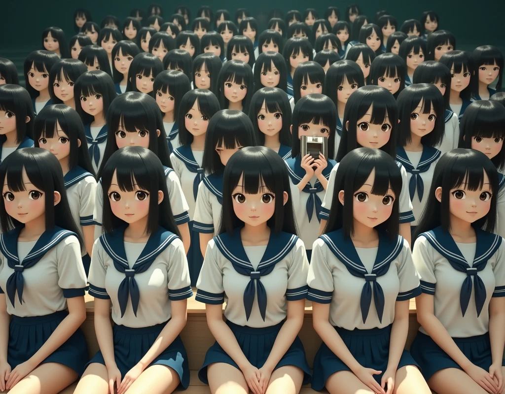 (Japanese Clone-girls=Myself), (Super Best masterpiece Clone-girls Raw Photography Art), (16K, Highest quality, Ultra-high resolution, RAW Photos), (It&#39;s so unrealistic., With unparalleled depiction, With an unfathomable sight, An unprecedented and shocking worldview, Clone-girls: In a world of mass reproduction, Ultra-realistic), (Japanese Girls, 16yo, Small face, Thick black hair, long hair, Dark Eyes, Mature face, かわいいsmile, Smiling face, A gentle gaze, Very pleasant look), (Very beautiful detailed girls, Accurate body structure, Accurate body movements, Very detailed body, (Super big breasts, Large bulge of ample breasts)), (Schoolgirl uniform, Short sleeve, mini skirt, Emphasise the fullness of your breasts), (Very detailed, Myself cloning, Depiction of splitting oneself, 1Myself girl→1,000,000,000,000,000,000,000,000,000,000Myself cloning girls), (Very detailed and intricate, Myself clone-girlsから, Myself&#39;s body is multiplying, A perfectly matched depiction, (In the same female body,With the same face, With the same hairstyle, In the same clothes, At the same height, 同じSuper big breasts)), (Myself girls only), Academy, gym, stage, academic level, Commemorative photo depiction, Group photo, Tiered stage photography, smile, Ultra-wide field of view