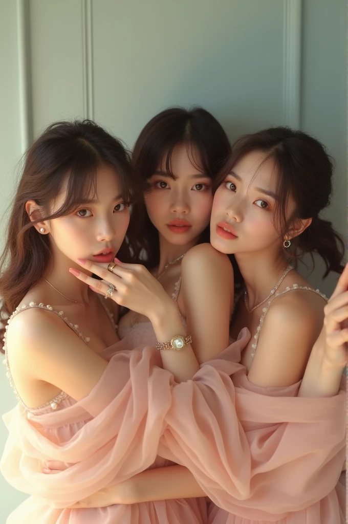 I'm taking photos for a new concept album. Create a girl group concept photo in the style of "Peek-A-Boo"