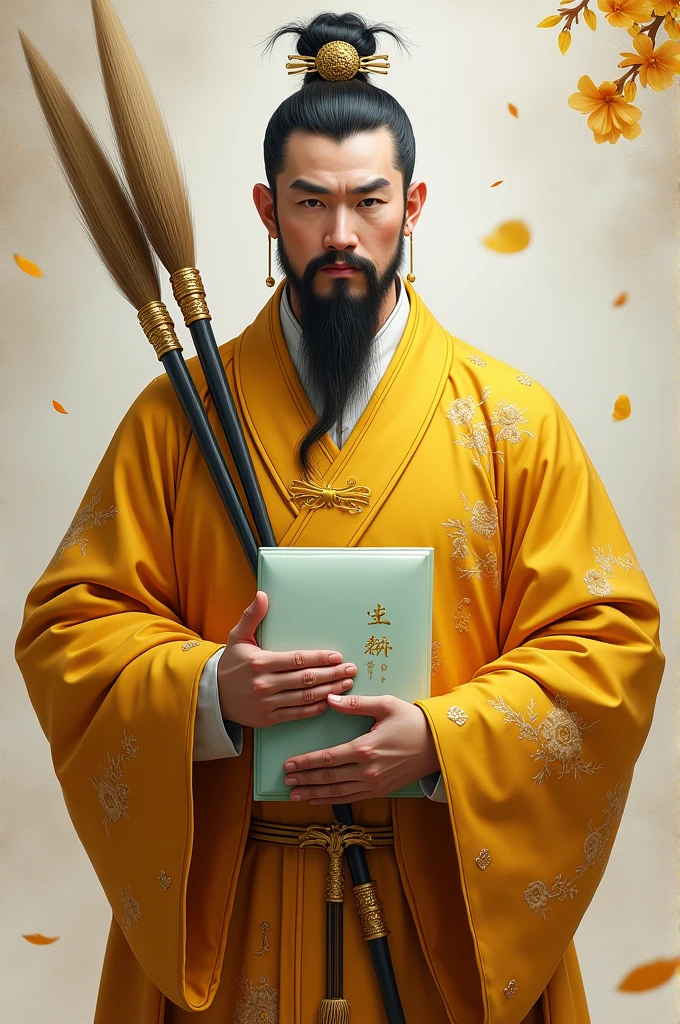 The man had a square and stern face, and wore a set of yellow scholar robes. He had a thick white jade book in his hand, and there were two giant brushes, one golden and one silver, strapped to his back.