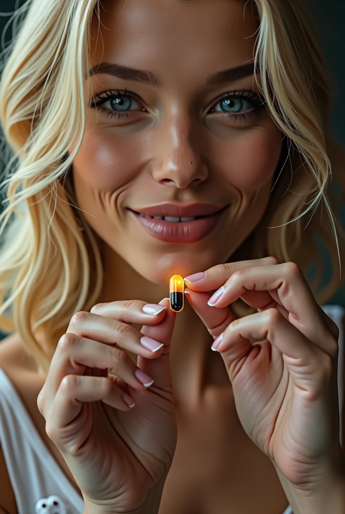 a beautiful woman, holding a medicine capsule with his fingers, detailed face, long blond hair, smiling, cinematographic lighting, ultra detailed, high quality, masterpiece, 