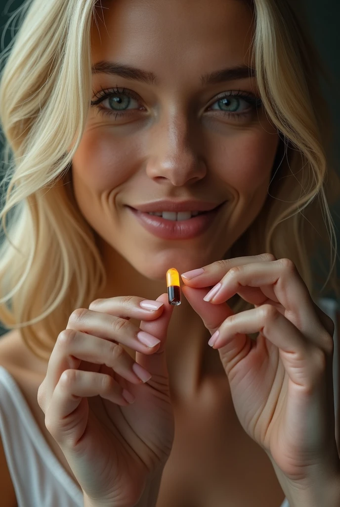 a beautiful woman, holding a medicine capsule with his fingers, detailed face, long blond hair, smiling, cinematographic lighting, ultra detailed, high quality, masterpiece,