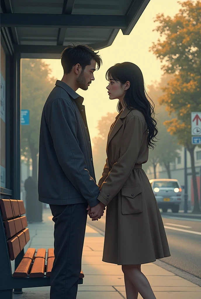 A man and a woman say goodbye at a bus stop