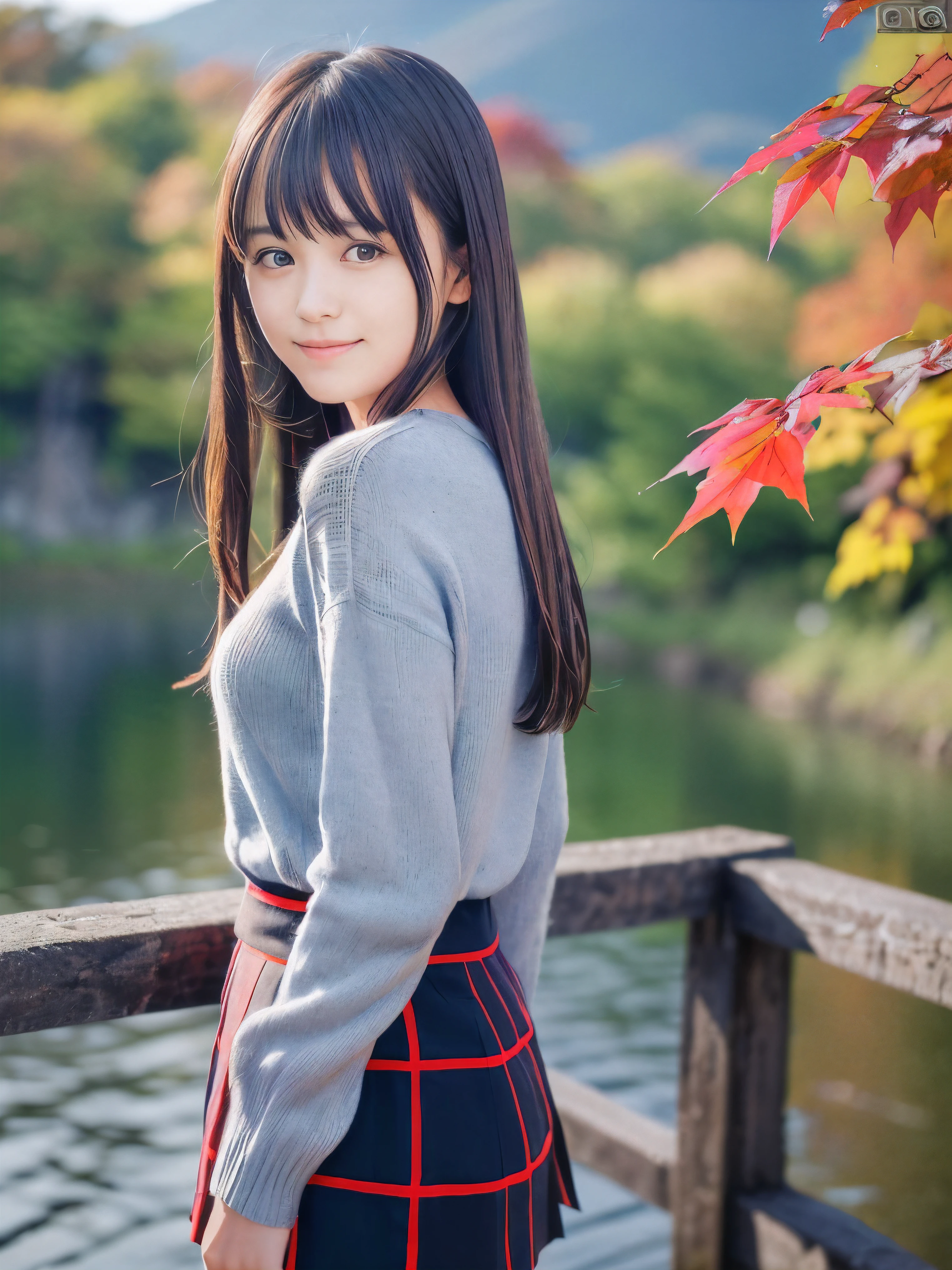 (Close up face shot of one slender small breasts dark silver long hair with swept bangs girl in a long sleeves shirt and sweater and skirt:1.5)、(One girl is looking back with sad smile on the dart road near the lake and big waterfall in Japan:1.5)、(Beautiful autumn red leaves and mountain at sunset time:1.5)、(Natural light:1.5)、(8k ultra detailed master piece:1.5)、(perfect anatomy:1.5)、(Photorealistic stick:1.5)、(Raw photo:1.3)、(highest quality:1.5)、(High resolution:1.3)、(Delicate and beautiful perfect face:1.3)、(Delicate and beautiful eye air skin:1.3)、(Real Human Skin:1.3)、((thin legs))